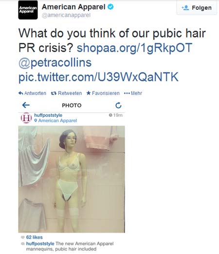 Screenshot American Apparel Twitter: Schaufensterfiguren mit Schambehaarung Schaufensterpuppen_American_Apparel