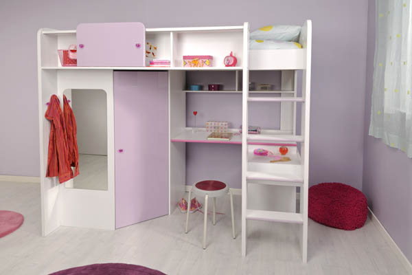 Kidnerhochbett in weiß und rosa mit Schrank, Fächern und Schreibtisch: Mademoiselle MADEMOISELLE
