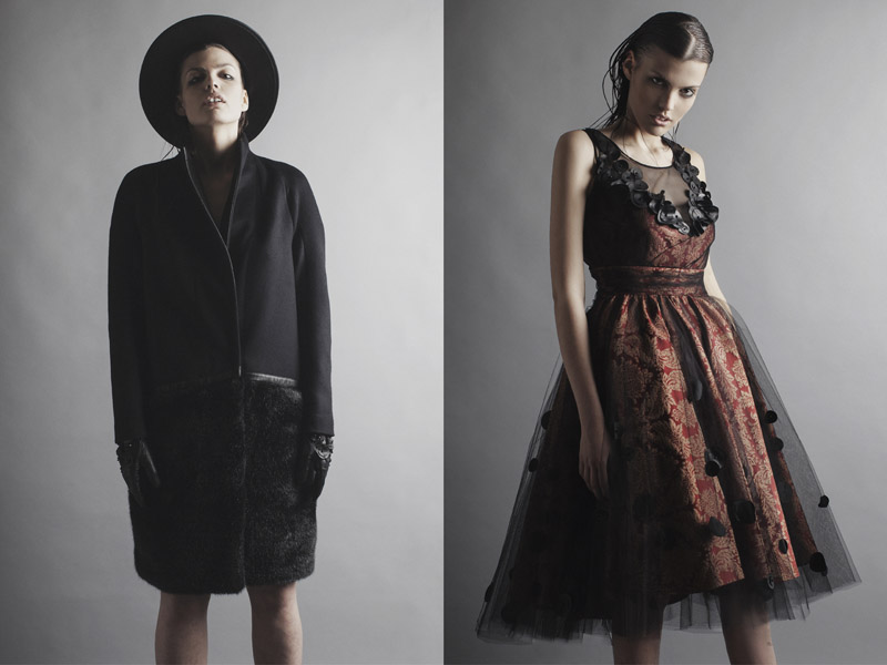 Robert Kalinkin A/W 15: düstere Romantik, Kleid mit Tüllrock und dunkler Mantel und Hut